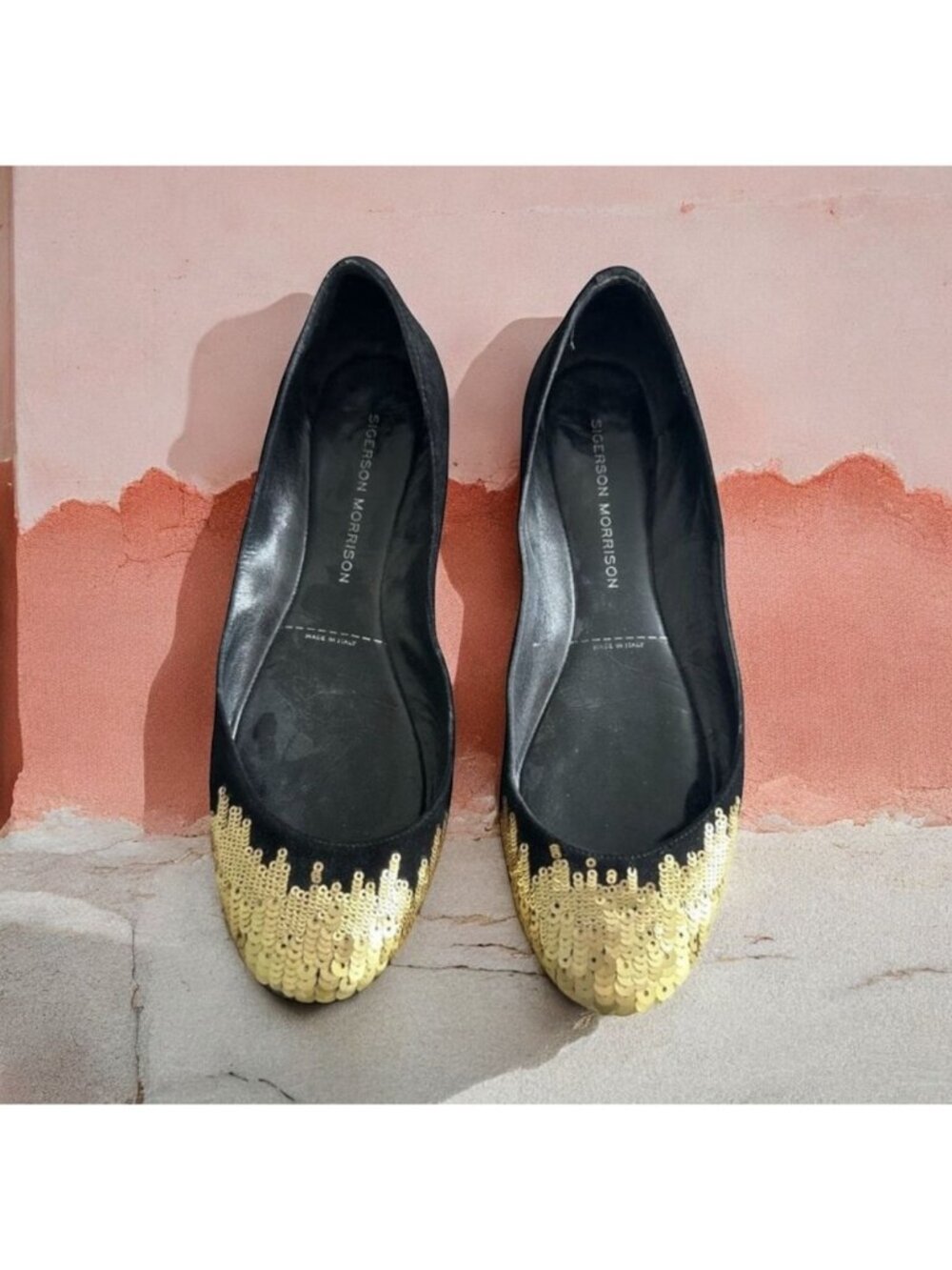 SIGERSON MORRISON Black Gold Suede Sequined Ballet Flats Size 6